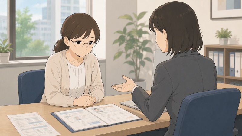 転職エージェントとの面談で、眼鏡姿の女性が厳しい助言を受けて落ち込んでいる。履歴書を前に、公務員経験や資格が未経験転職で評価されにくい現実に直面するワンシーン。