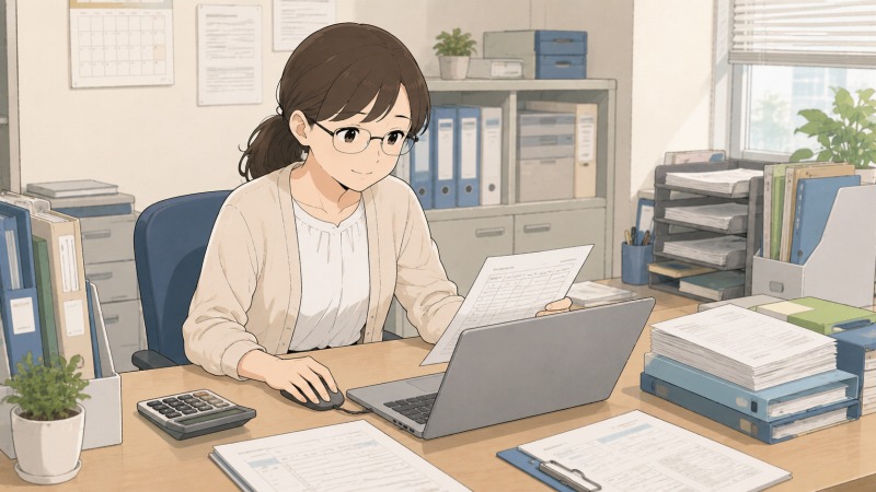 経理事務に転職した眼鏡姿の女性が、デスクで伝票や帳簿を確認しながら会計作業を進めている。日々の繰り返し業務に落ち着いて取り組み、自分に合う仕事を見つけたワンシーン。