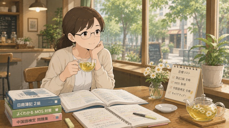 資格取得の勉強を続ける眼鏡姿の女性が、カフェで参考書やノートを広げながらカモミールティーを飲み、ほっと一息ついている。経理やPCスキルの学習に前向きに取り組み、自分の成長を楽しんでいるワンシーン。