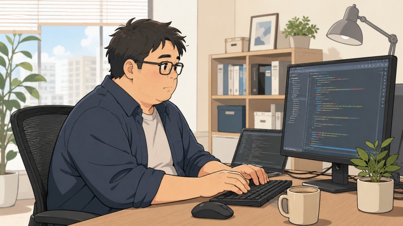 転職前のコンシューマ向けITサービス企業で、私服姿の少し小太りな40代男性エンジニアがデスクに向かい、複数モニターでコードを書きながら業務に集中している様子。大手IT企業らしい整ったオフィス空間に自然光が差し込み、長年エンジニアとして働いてきた落ち着きと、将来への漠然とした不安を抱えながら日々仕事に向き合う空気感を描いたアニメ調イラスト。