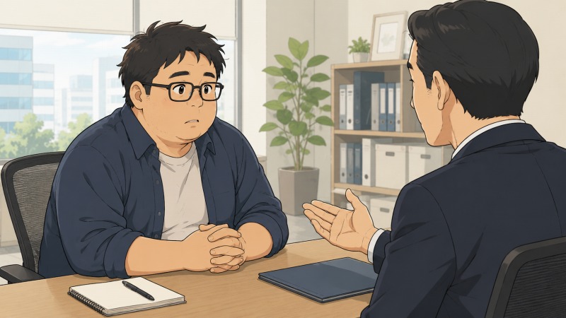 上長との1on1面談で、私服姿の少し小太りな40代男性ITエンジニアが「子会社への出向」を打診され、驚きと動揺を抑えながら話を聞いている様子。明るいオフィスの会議室で、上司が落ち着いた表情で説明し、転職のきっかけとなる重要な場面を描いたアニメ調イラスト。