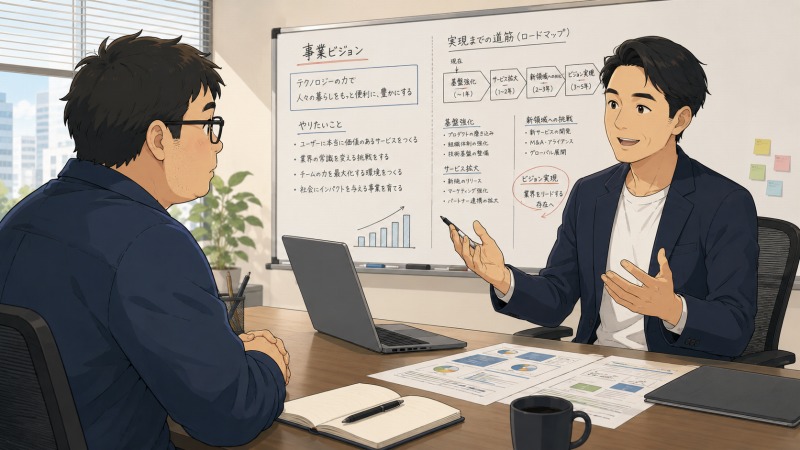 新しいIT企業の面談で、取締役が事業ビジョンと実現までの道筋を熱意を持って説明し、少し小太りな40代男性エンジニアが真剣に聞き入っている様子。成長企業の明確な戦略と推進力に惹かれ、転職への期待が高まる場面を描いたアニメ調イラスト。