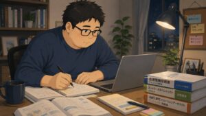 自宅PCの前で、少し小太りな40代男性ITエンジニアが資格取得に向けて勉強している様子。夜の静かな部屋で参考書やノートを広げ、キャリアの軸を見失わないよう努力を重ねる姿を描いたアニメ調イラスト。