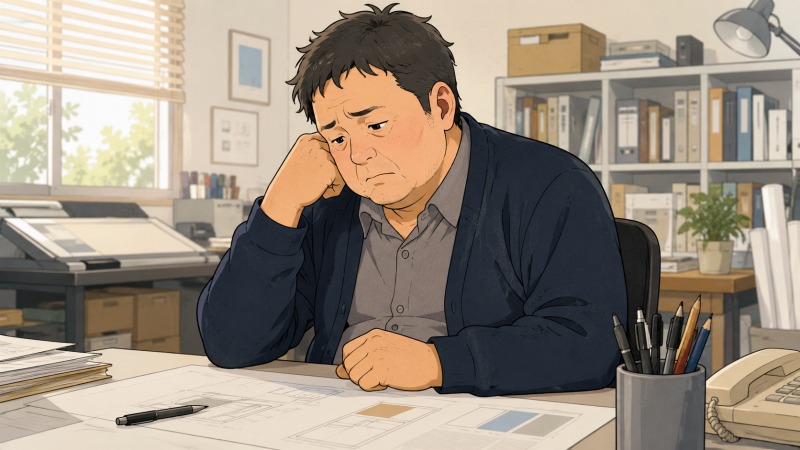 長年勤めたデザイン事務所の代表の急逝を受け、40代の少しふくよかな男性デザイナーが、静かな事務所で一人思い悩む様子を描いたイラスト。机には図面やデザイン資料が広がり、突然経営を引き継ぐことになった不安や重圧、クリエイティブ業界で働く中年デザイナーの葛藤が表現されている。