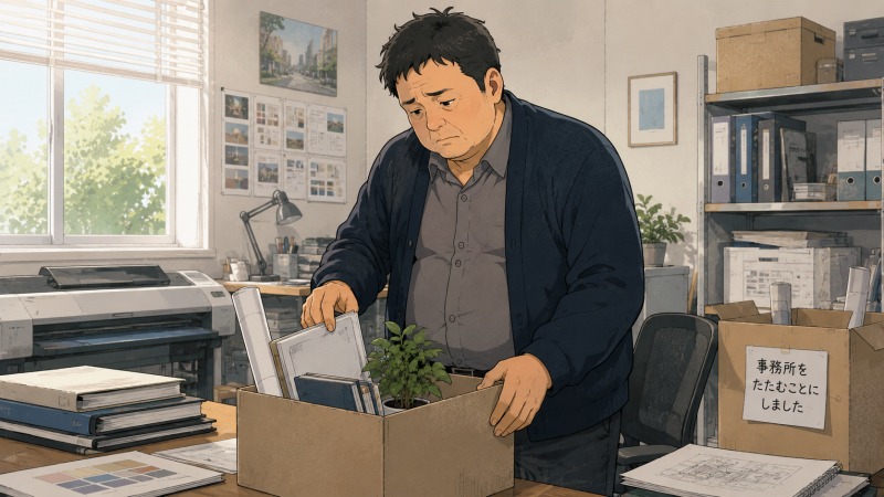 40代の少しふくよかな男性デザイナーが、廃業を決めたデザイン事務所で資料や道具を段ボールに詰めているイラスト。長年働いた職場をたたむ寂しさ、経営不振や体調不安を抱えた転職前の苦しい心情が表現されている。