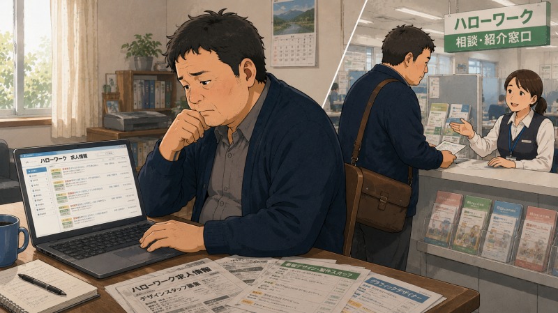 40代の少しふくよかな男性が、自宅のパソコンで求人情報を真剣に探しながら、ハローワークで相談員から紹介を受けている様子を描いたイラスト。デザイン業界からの転職活動に苦戦しつつも、新しい仕事を探して行動する中年男性の不安と希望が表現されている。