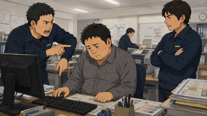 新しいデザイン会社の職場で、40代の少しふくよかな男性がパソコン作業中に同僚から厳しく注意され、肩を落として萎縮しているイラスト。転職後のミスマッチ、職場での小言やプレッシャー、即戦力を求められる中年転職者の不安が表現されている。