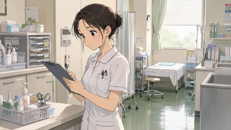 小規模クリニックで働く少しやせぎすな女性看護師が、診療室でカルテを確認しながら一人で業務をこなしている様子。白衣姿で真剣な表情を浮かべ、静かな院内には医療器具や処置ベッドが並び、責任の重さと忙しさが伝わる転職前の看護師の職場風景。