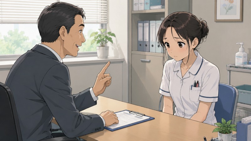 小規模クリニックの面接室で、事務長から「頑張れば給料は上がる」と説明を受ける看護師の女性。少しやせぎすで目の大きい主人公は、不安と期待が入り混じった表情で話を聞いており、将来への希望と待遇への不信感が漂う転職前の面接シーン。