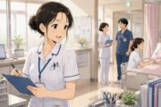 小規模クリニックで働く少しやせぎすな女性看護師が、診療室でカルテを確認しながら一人で業務をこなしている様子。白衣姿で真剣な表情を浮かべ、静かな院内には医療器具や処置ベッドが並び、責任の重さと忙しさが伝わる転職前の看護師の職場風景。