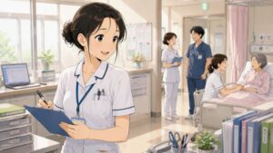 小規模クリニックで働く少しやせぎすな女性看護師が、診療室でカルテを確認しながら一人で業務をこなしている様子。白衣姿で真剣な表情を浮かべ、静かな院内には医療器具や処置ベッドが並び、責任の重さと忙しさが伝わる転職前の看護師の職場風景。