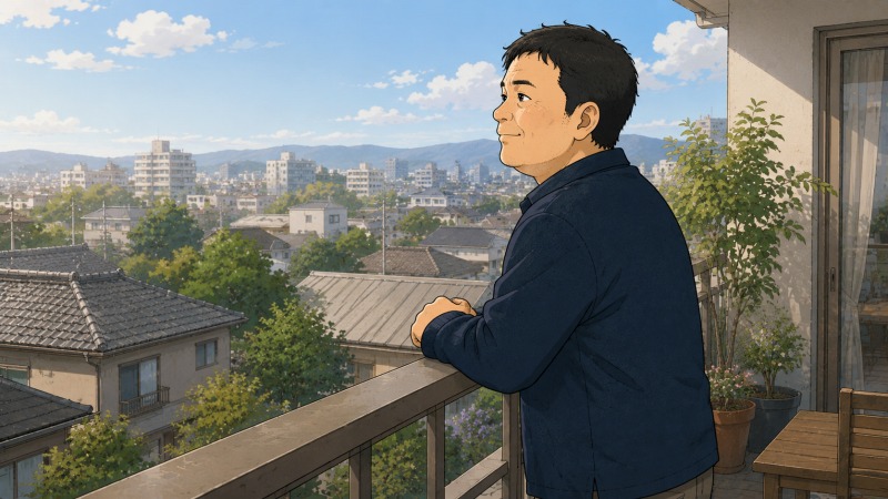 40代の少しふくよかな男性デザイナーが、明るい事務所で拳を握り、心機一転また頑張ろうと前向きに意気込むイラスト。転職や廃業を経験した後も、デザインの仕事へ再挑戦する希望と決意が表現されている。
