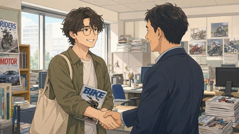 先輩の紹介で二輪・四輪雑誌の準大手出版社へ転職が決まり、ソフトパーマに丸眼鏡の青年編集者が雑誌編集部のオフィスで社員と握手を交わしているシーン。バイク雑誌や資料が並ぶ出版社の職場で、新たなキャリアへの期待と前向きな緊張感が描かれている。