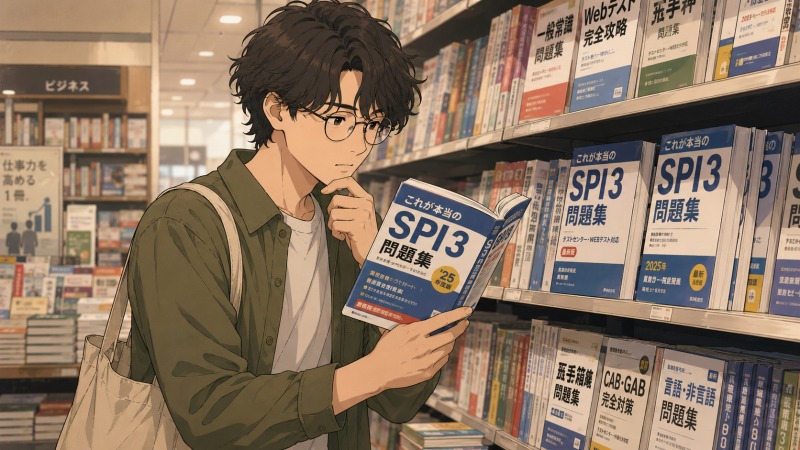 本屋の就職試験対策コーナーで、ソフトパーマと丸眼鏡の若い編集者がSPI問題集を手に取り、出版社の採用試験に向けて真剣に内容を確認しているシーン。