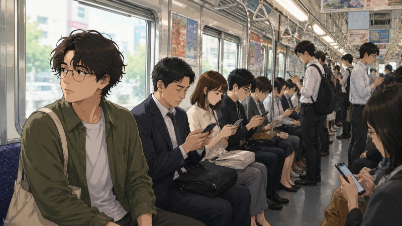 通勤電車の車内で多くの乗客がスマホを見つめる中、丸眼鏡とソフトパーマの元編集者が窓の外を見ながら、雑誌や紙媒体を読む人が減った出版業界の変化を静かに実感しているシーン。