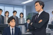 40歳で課長に昇進した製造メーカー企画職の男性が、新任の46歳部長の厳しい管理姿勢に直面するオフィスの場面。自由だった職場に緊張感が漂い、部下たちが不安な表情で見守る中、威圧的な上司が腕を組んで立っている。