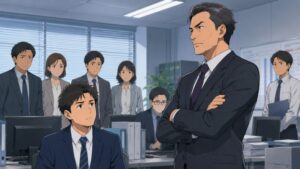 40歳で課長に昇進した製造メーカー企画職の男性が、新任の46歳部長の厳しい管理姿勢に直面するオフィスの場面。自由だった職場に緊張感が漂い、部下たちが不安な表情で見守る中、威圧的な上司が腕を組んで立っている。