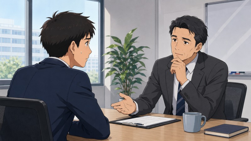 製造メーカー企画職の男性が、理解のある先輩と会議室で1on1ミーティングをしている場面。悩みを抱えた男性に対し、先輩が落ち着いた表情で親身に話を聞き、転職や職場の人間関係について相談している様子を描いている。
