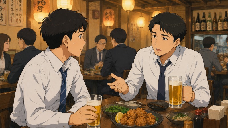転職後の男性が居酒屋の飲み会で前職の同期から、前職の部長が他の部下とも折り合いがつかず苦しい状況になったと聞かされる場面。温かな照明の中、同期が真剣な表情で近況を語り、男性が複雑な思いで耳を傾けている。