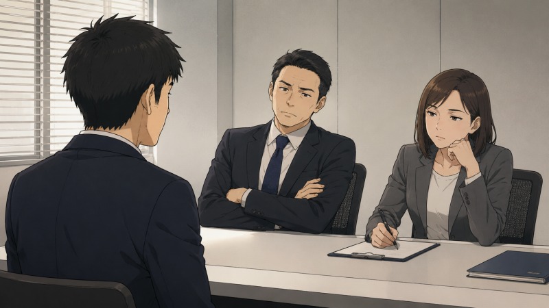 40代男性が初めての転職面接で緊張しながら話す中、採用担当者が冷めた表情で見つめている様子。未経験・異業種転職の厳しさ、資格やスキル不足への不安、面接での孤独感を表したシーン。