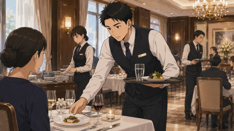 ホテルレストランで未経験の40代男性スタッフが、緊張しながらも料理を丁寧に給仕している様子。異業種転職後のホテルサービス業で、慣れない接客や配膳に戸惑いながら前向きに努力する姿を表したシーン。