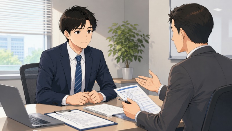 社内SEとして新しい職場で働く30代男性エンジニアの様子。落ち着いたオフィスでノートPCを使いながら業務に取り組み、前職よりも業務量や残業が適切に管理された働きやすい環境に安心感を抱いているシーンを描いたアニメ風イラスト。