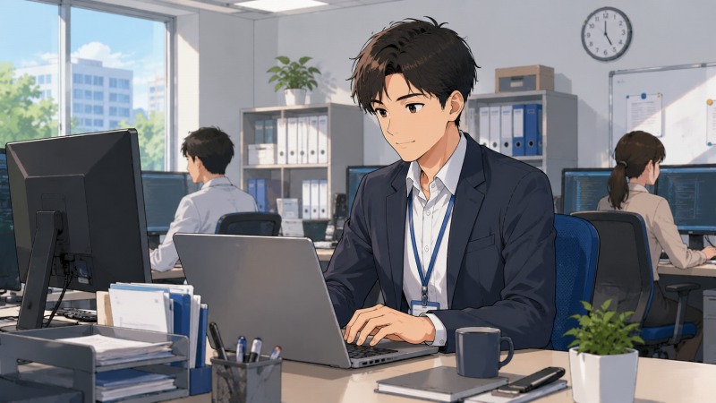 一日の仕事をやり切った30代男性社内SEが、夕暮れのオフィスを出る様子。転職後の気づきを胸に、生産性向上や組織改善へ前向きに行動しようとする決意が伝わるアニメ風イラスト。