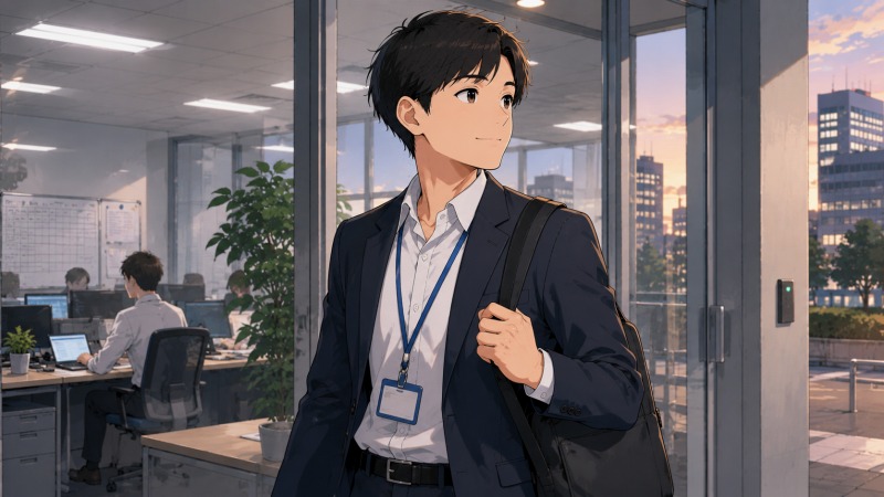 転職を考える30代男性SEが、夕暮れの駅ホームのベンチに座りながら将来について思い悩む様子。スーツ姿で静かに物思いにふける表情から、SIerとしての働き方や年収、キャリアの将来性に葛藤する心情が伝わるアニメ風イラスト。