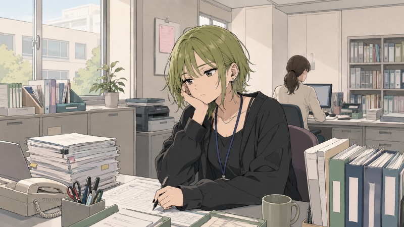 黄緑色のショートヘアで少し不良っぽい雰囲気の女性が、大学事務の職場で書類を前に退屈そうに考え込んでいる様子。事務職として働きながら、自分に何ができるのか分からない迷いや無気力さを抱える転職前の心情を表現したイラスト。