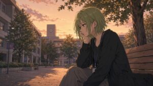頼りにしていた先輩の退職後、黄緑色のショートヘアで少し不良っぽい女性が夕暮れの大学キャンパスのベンチで一人黄昏れている様子。大学事務職で働く中で空虚感が大きくなっていく転職前の心情を表現したイラスト。