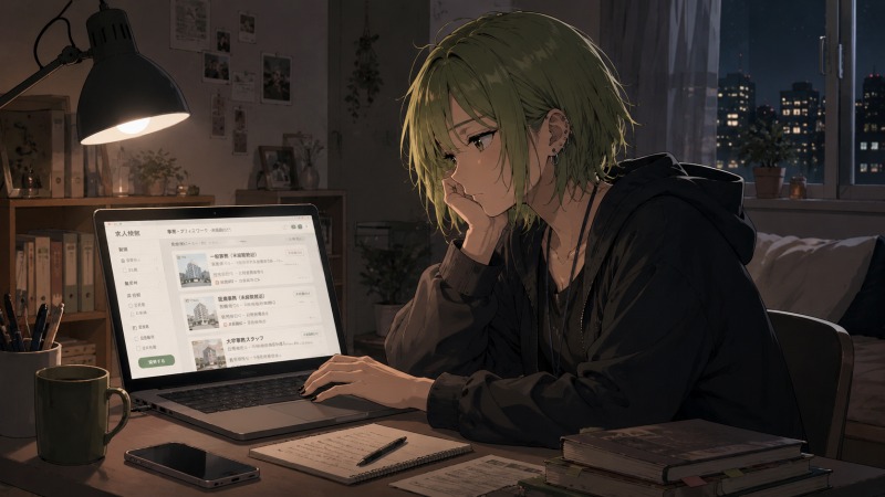 平日の夜、黄緑色のショートヘアで少し不良っぽい女性が自宅のPCで求人検索をしている様子。転職活動中に自分に合う仕事を探しながら、不安や迷いを抱えて求人情報を見つめる心情を表現したイラスト。