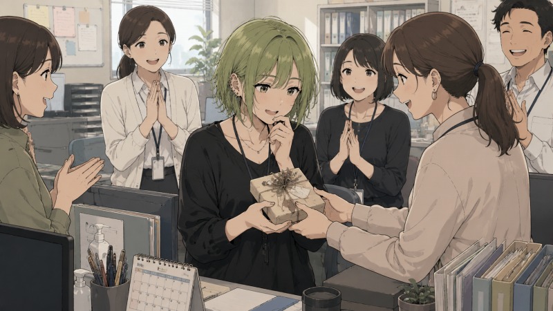 医療事務の職場で、黄緑色のショートヘアの女性が同僚たちから誕生日プレゼントを受け取っている様子。普段あまり会話をしていなかった同僚たちが趣味に合った小物を贈り、転職後に少しずつ職場に居場所を見つけていく温かな人間関係を表現したイラスト。