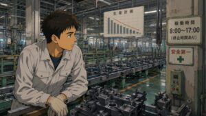 自動車部品メーカーの組立課で、生産台数の減少により稼働が止まり気味になった生産ラインを不安そうに見つめる男性作業員。大手製造業の現場で仕事量が減り、24時間稼働が不要になった転職のきっかけを描いたイラスト。
