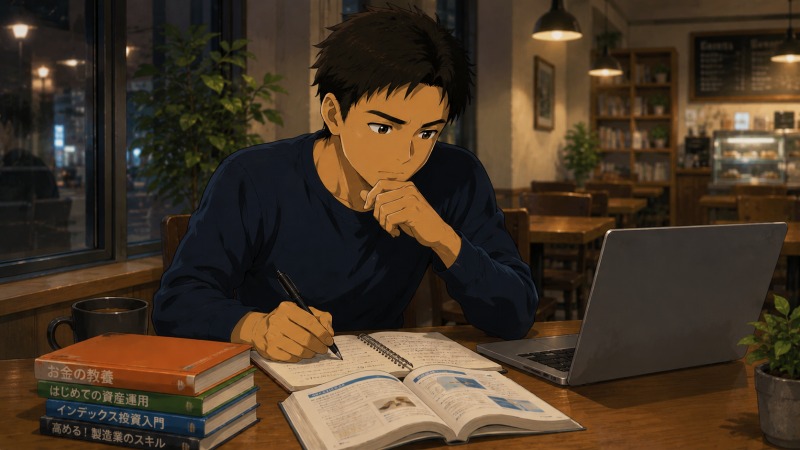 リストラ経験を経て、将来への備えとしてカフェで勉強を続ける40歳の男性。ノートや参考書を広げ、資産運用やスキル向上について真剣に学ぶ姿を描いた、再出発と自己成長をテーマにした転職体験イラスト。