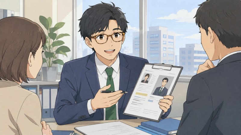 人材派遣会社の営業として働く20代男性が、べっこう眼鏡をかけた優しい表情で企業担当者に求職者の提案をしているシーン。オフィスの会議室で履歴書を見せながら説明し、企業と派遣スタッフ双方の要望をヒアリングして調整する、人材営業の仕事風景を描いた16:9のアニメ調イラスト。