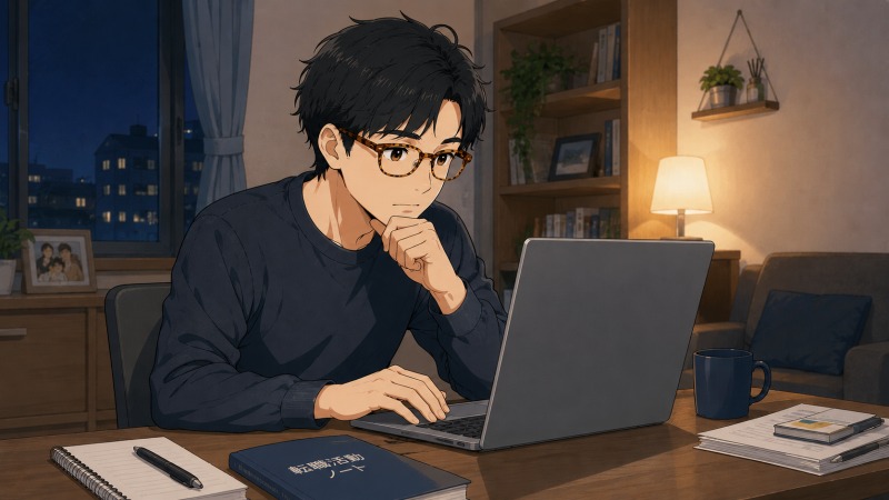 平日の夜、自宅の机でべっこう眼鏡の20代男性がノートPCを使い、求人検索をしながら転職活動を進めているシーン。仕事後の疲れを抱えつつ、営業職からメーカー営業への転職先を探す様子を描いたアニメ調イラスト。