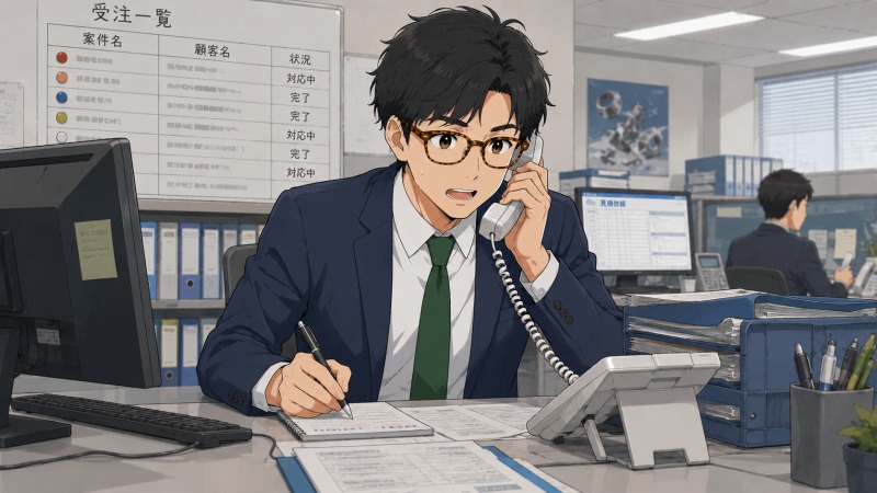 製造会社のメーカー営業に転職した20代男性が、オフィスで電話を受けながら受注対応や見積もり依頼に追われているシーン。べっこう眼鏡の青年が大量の書類とPCに囲まれ、営業職の忙しさと転職後のギャップを感じているアニメ調イラスト。
