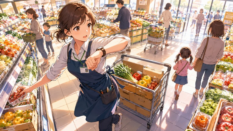 29歳女性のスーパーマーケット店員が、商品補充用カートを押しながら店内で働く様子。高校卒業後から同じスーパーに勤務し、結婚・出産を経て二児を育てながら共働きを続けていた転職前の日常を表現したイラスト。