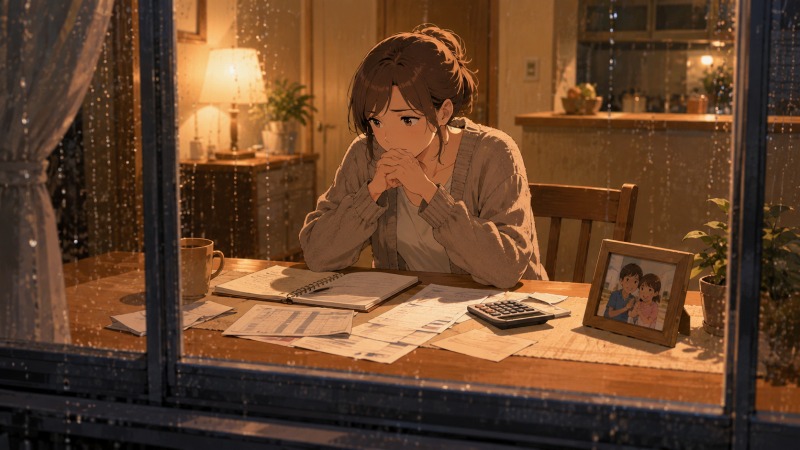 雨の夜、自宅のダイニングテーブルで家計簿や生活費の資料を前に考え込む29歳女性。子ども二人の将来や家計への不安から、低給与や長時間労働の現状を見直し、転職を決意するきっかけとなった場面を描いたイラスト。