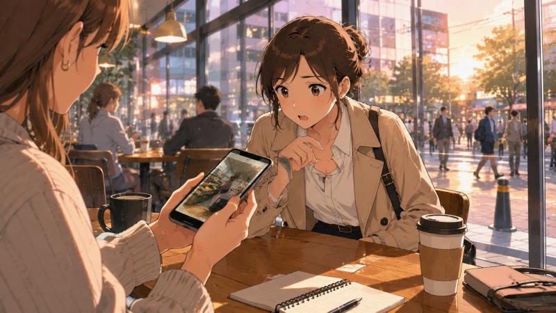 夕方のカフェで、同じスーパーマーケット業界で働く友人から転職先を紹介される29歳女性。友人の紹介をきっかけに新たな職場への道が開け、転職活動に希望を見出した瞬間を描いたイラスト。