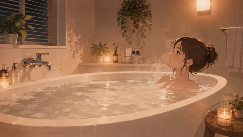 仕事を終えて自宅の浴室でゆったりと湯船につかり、穏やかな表情でリラックスする29歳女性。転職による年収アップとキャリア成長を実感し、家族との生活の安定や将来のマイホーム購入という新たな目標を思い描く場面を描いたイラスト。