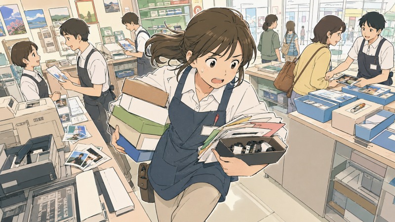 大阪のDPEショップで、女性店長が書類や写真用品を抱えて慌ただしく働く様子。月に2〜3日しか休めない多忙な店舗管理職時代を表したイラスト。