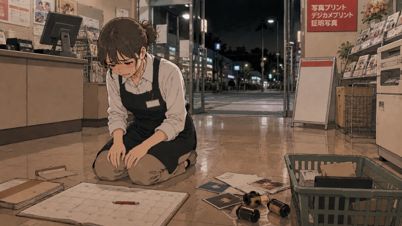 閉店後のDPEショップで、女性店長が膝に手を置いてうなだれる様子。アルバイトスタッフの退職をきっかけに、仕事への限界と転職を考え始めた場面。