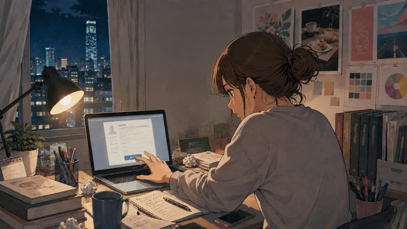 大阪の夜景が見える自室で、女性がDTPオペレーターへの応募作業をする様子。未経験転職で不採用が続く中、デザイン職への挑戦を続ける場面。
