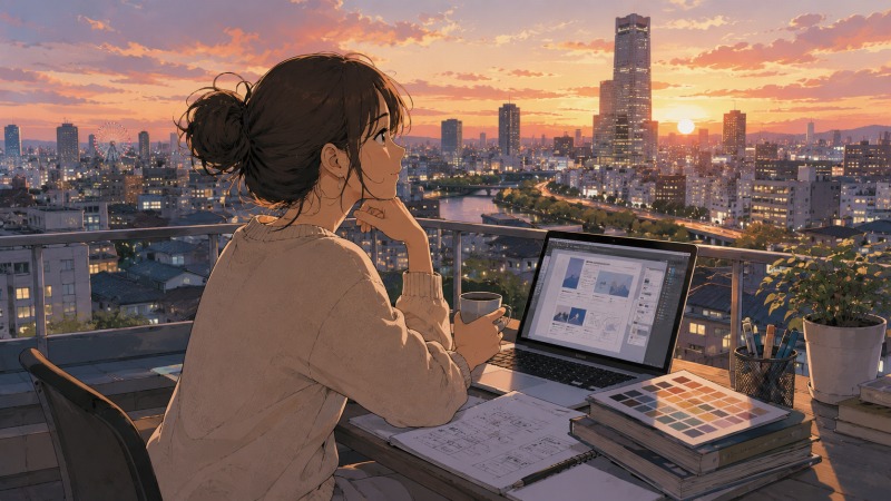 夕暮れの大阪を望む屋上で、女性がノートPCのWebデザイン案を見つめる様子。DTPオペレーターとして成長し、次の目標であるWebデザイナーを目指す場面。