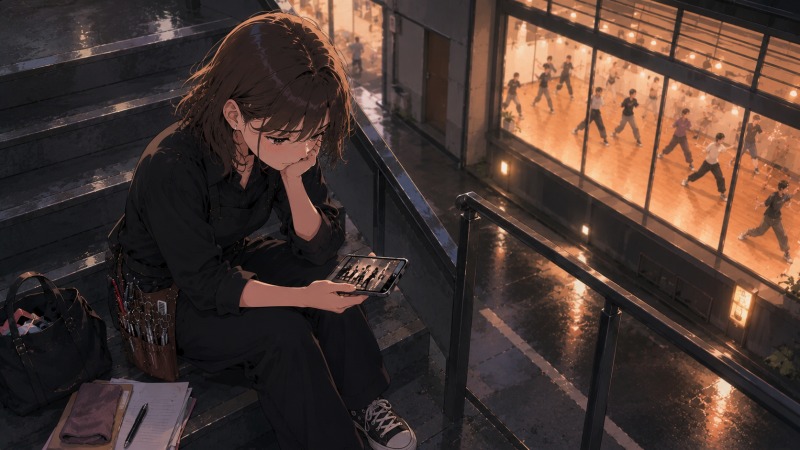 美容師アシスタントとして働く24歳女性が、休日講習の帰りに雨上がりの階段へ座り込み、スマートフォンでダンスイベントの映像を見つめる様子。講習費の自己負担や休日の消失により、大好きなダンスや友人との時間を失っていくストレスと葛藤を表現した転職前のシーン。仕事のやりがいとワークライフバランスの間で悩む姿が描かれている。