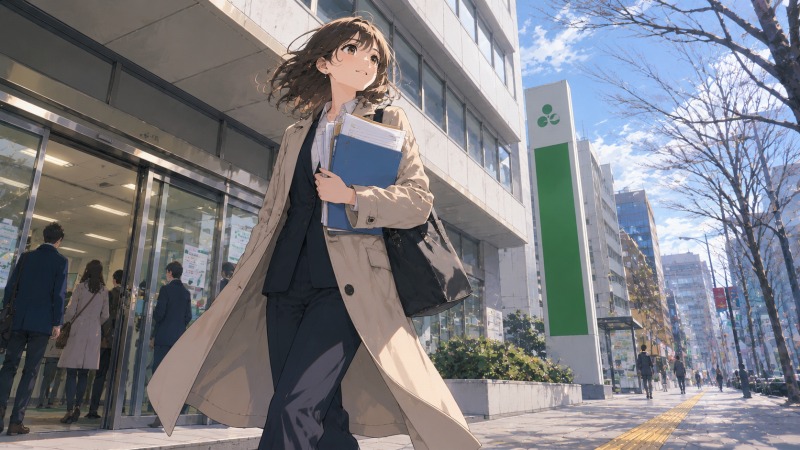 美容師から異業種への転職を目指す24歳女性が、東京のハローワークで相談を終え、応募書類を抱えて街へ踏み出す様子。書類選考に苦戦しながらも、未経験からIT業界への転職を諦めずに挑戦する姿を描いている。不安を抱えながらも新しいキャリアに向かって前進する転職活動中のワンシーン。