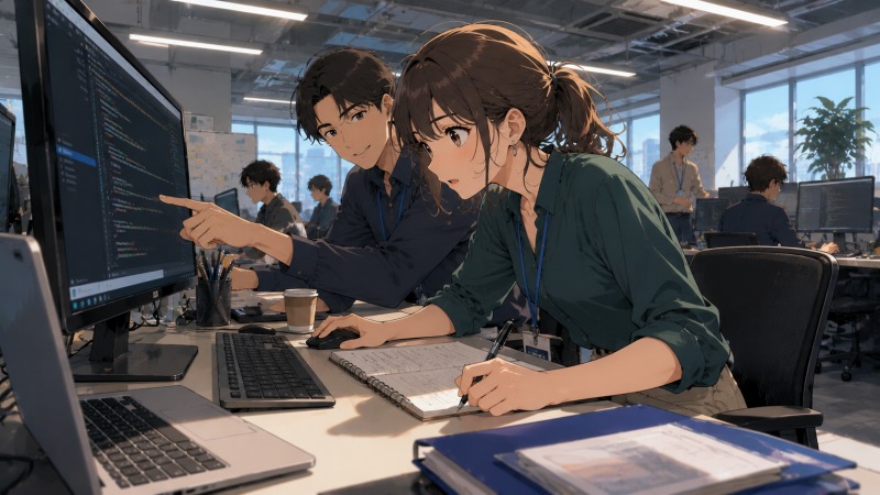 未経験からITエンジニア(SE)へ転職した24歳女性が、東京のIT企業オフィスで先輩社員からプログラミングやシステム開発を学んでいる様子。パソコン画面を見ながら熱心にメモを取り、新しい知識を吸収している。美容師時代とは異なる職場環境やカルチャーに戸惑いながらも成長していく異業種転職後のシーン。