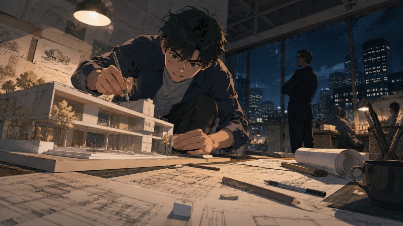 大学時代の男性建築学生が、深夜の設計室で建築模型を覗き込みながら制作に没頭している様子。散らばる図面や製図道具、夜景の見える窓を背景に、建築設計の面白さに目覚めた瞬間を描いたイラスト。