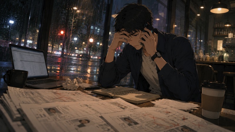 転職活動中の男性建築設計士が、雨の夜のカフェで転職エージェントと電話しながら不採用通知や応募書類を前に悩んでいる様子。建築業界の転職活動に苦戦しながらも前を向こうとする情景を描いたイラスト。